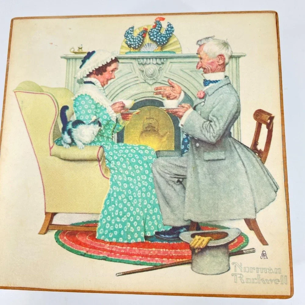 Vintage Norman Rockwell Tea for Two Wooden Music Box Sankyo Japan Blue Americana
